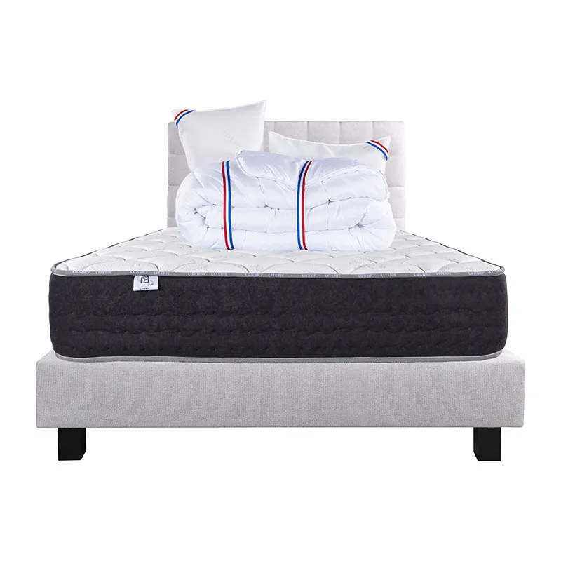 Matelas Sérénité 27cm très ferme ress. ensachés + Sommier Gris 20cm + 2 Oreillers + Couette + Tête de lit-1