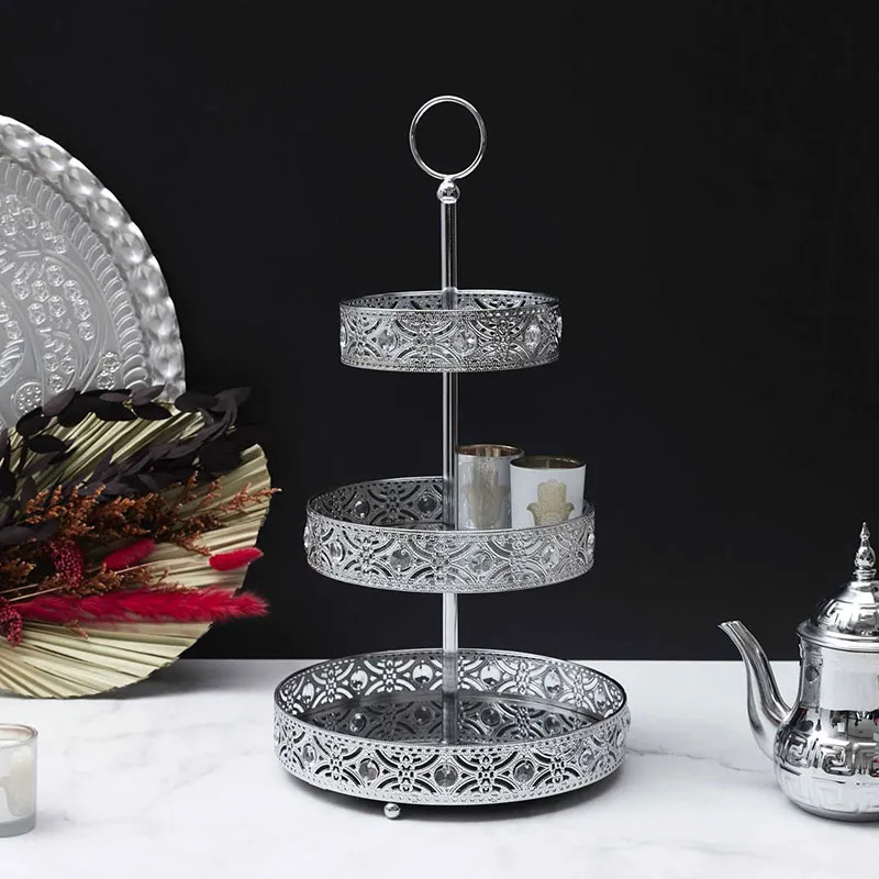 Plateau Décoratif Métal argenté 3 étages - 46cm-1
