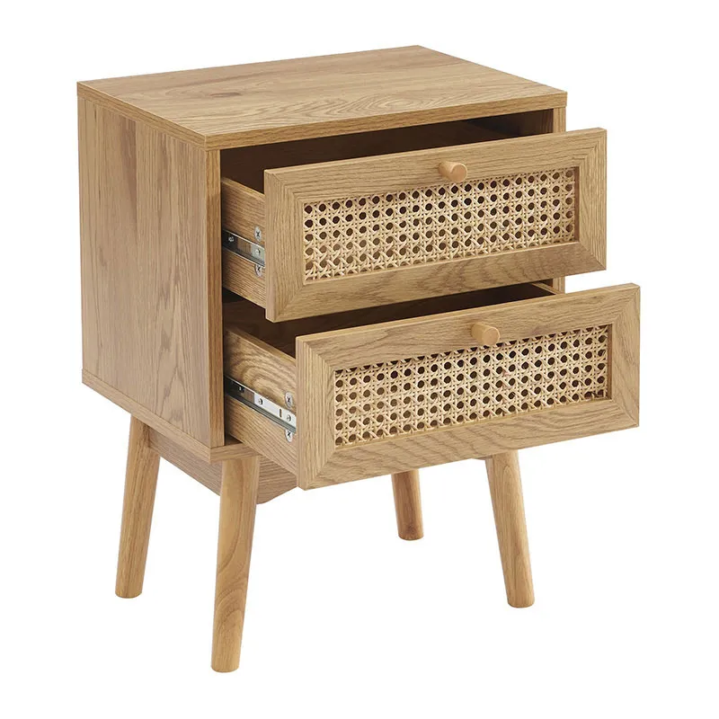 Table de chevet Ines effet chêne & cannage rotin - 40x30x53,5cm-2