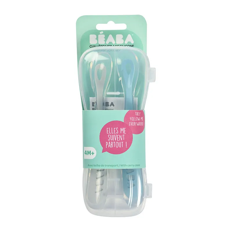 2 Cuillères d'apprentissage 1er âge Silicone Bleu - 6m+-3
