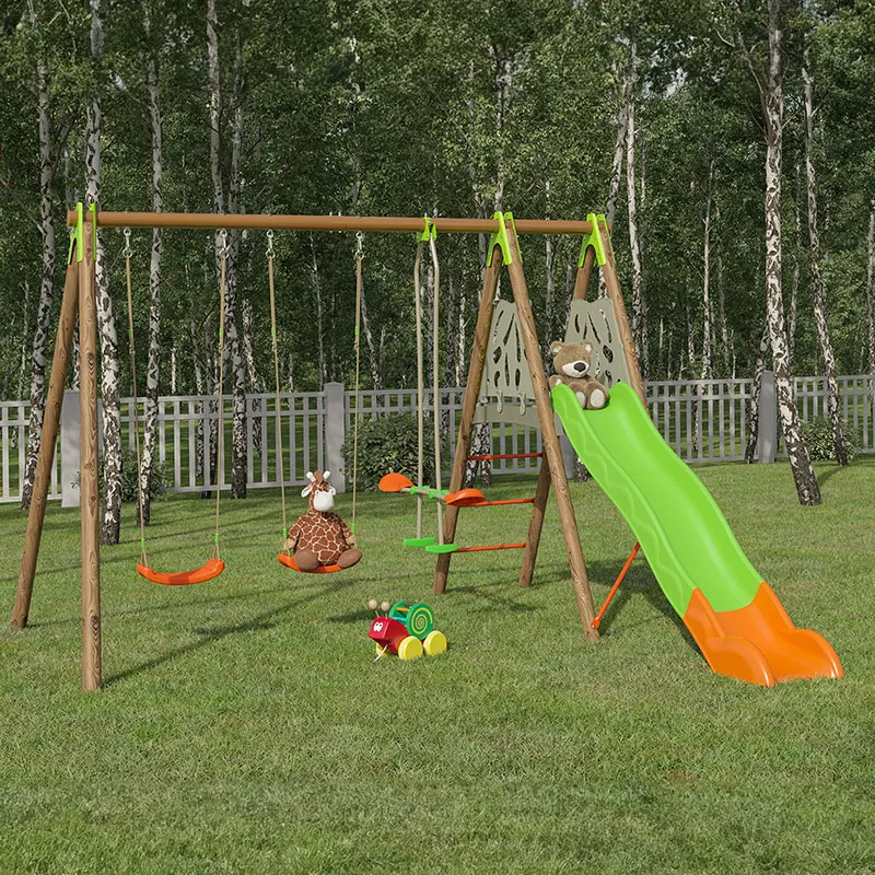 Portique bois 2,3m 3 Agrès + Toboggan Grigio - 3+-1