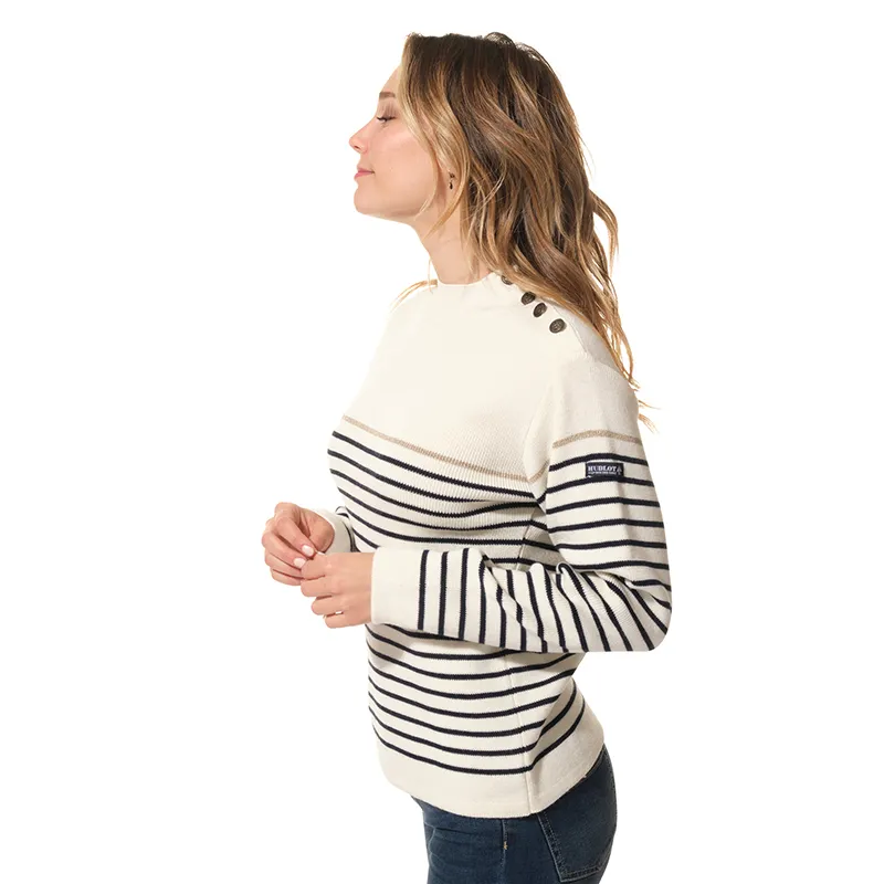 Pull Col cheminée boutons à l'épaule Femme - Ecru/Marine-3