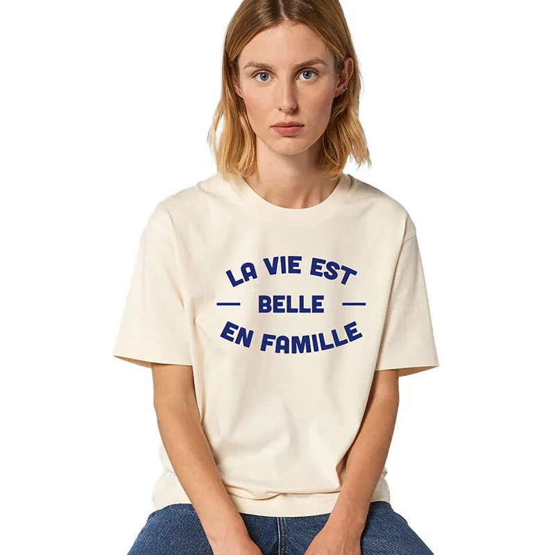Bebeboutik T shirt Femme La vie est belle en famille 2 face BIO Natural Raw