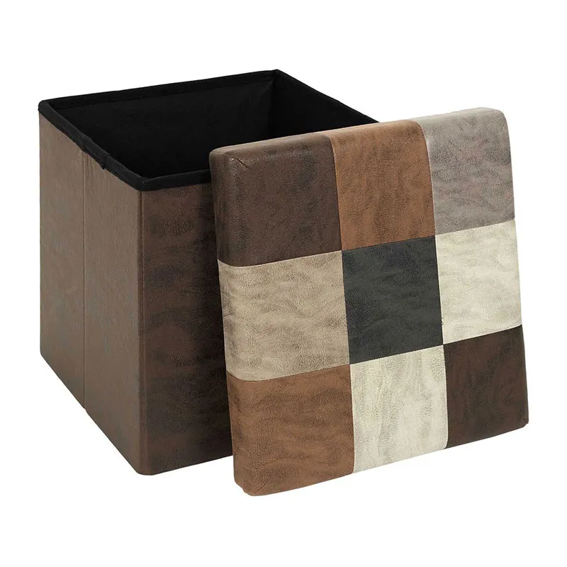Coffre-pouf pliable Patchwork Loic Marron - 38x38x38 cm-0