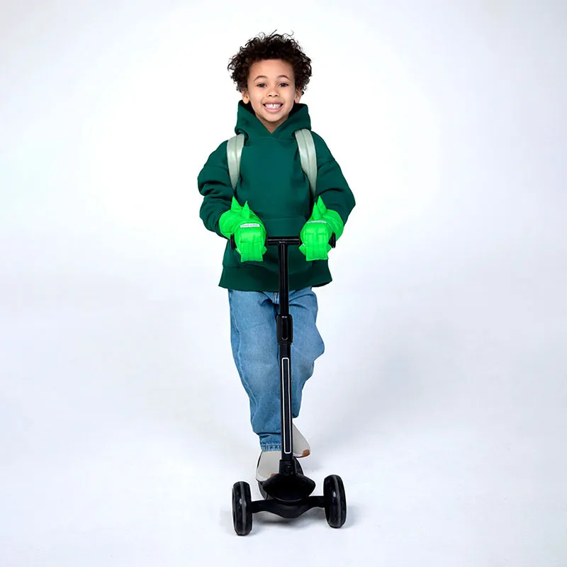 Moufles Enfant Dino avec attaches pour vélo/trottinettes - Lime Green-3