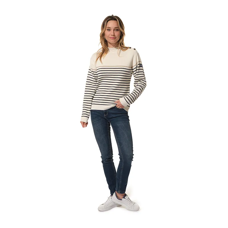 Pull Col cheminée boutons à l'épaule Femme - Ecru/Marine-1