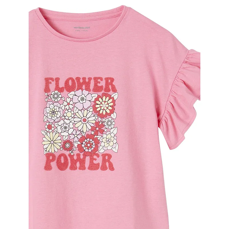 T-shirt Flower Power fille manches à volants - Rose Bonbon-2