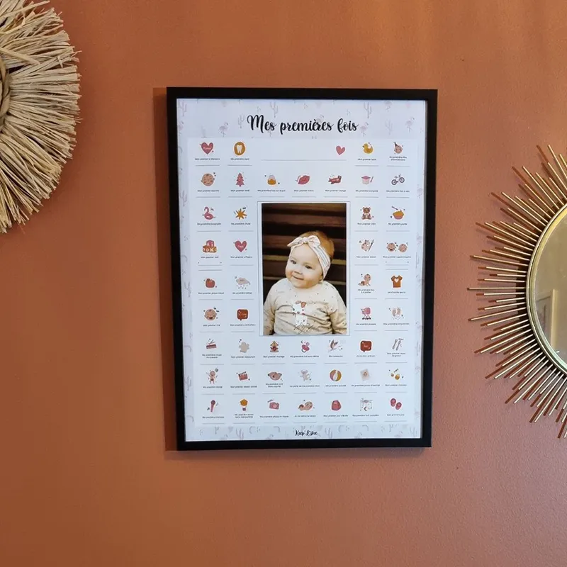 Affiche Mes Premières Fois + Tampon + Cadre Beige - Flamant Rose-4