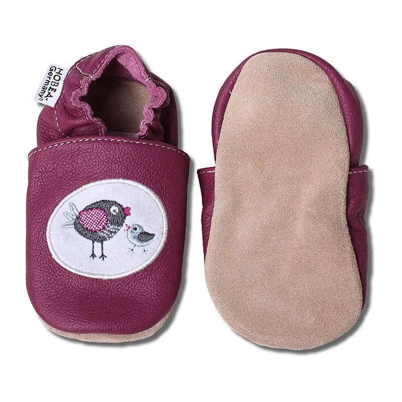 Chaussons cuir brodés Famille oiseau - Prune-1