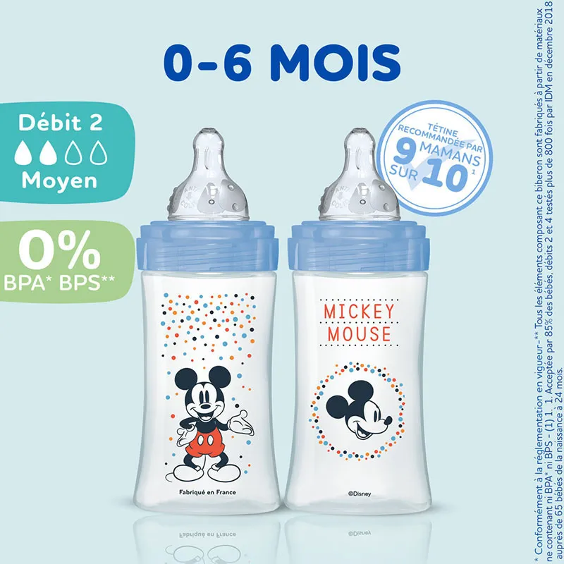 Coffret 3 Bibs anti-coliq. Tétine rondes 270ml déb.2 Mickey Bleu - 0m+-1