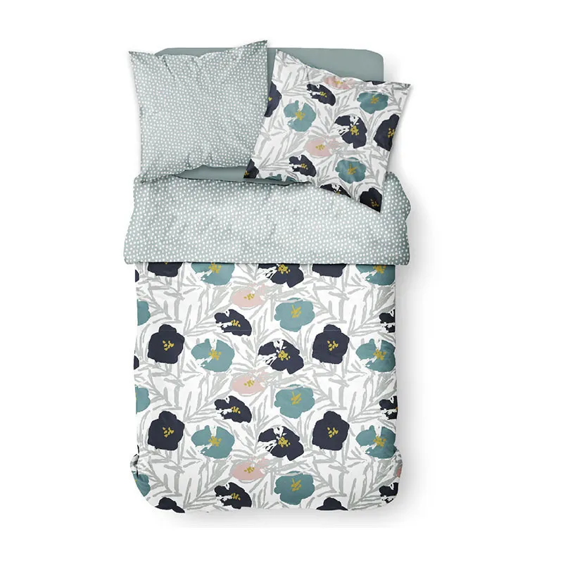 Parure 3pcs Coton Sunshine Feuillage Blanc/Vert - 220x240cm-1