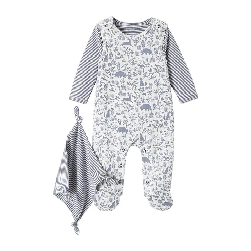 Ensemble naissance 3 pièces : combinaison + body + doudou en coton bio - Bleu-0