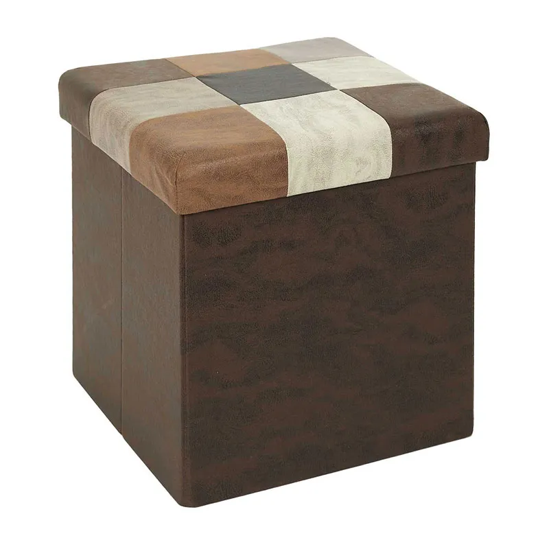 Coffre-pouf pliable Patchwork Loic Marron - 38x38x38 cm-3
