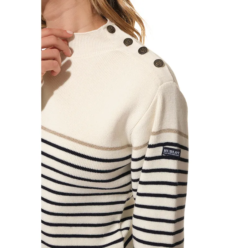 Pull Col cheminée boutons à l'épaule Femme - Ecru/Marine-4