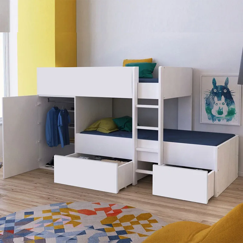 Lit superposé Twin + Armoire + 2 Sommiers Blanc - 90x190cm-0