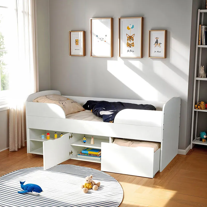 Lit mi-hauteur avec rangement + Sommier + Rangements Elio Blanc-0