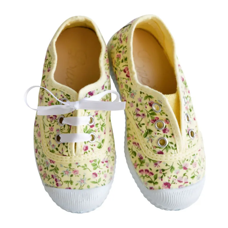 Chaussures baskets tennis en TOILES à lacets et élastiques - Jaune fleurs-0