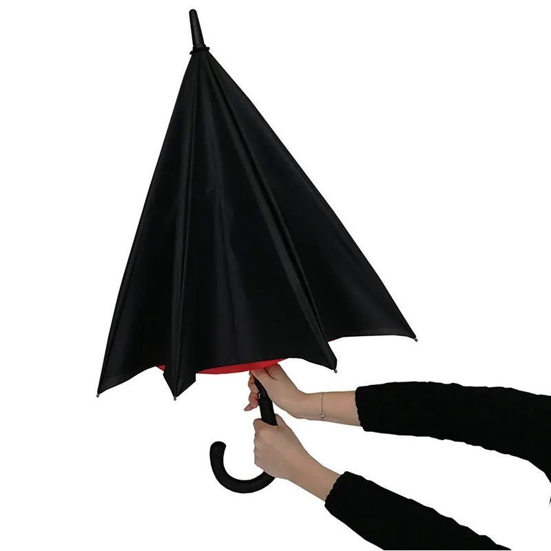 Grand parapluie long résistant au vent D.128cm - Noir/Rouge-7