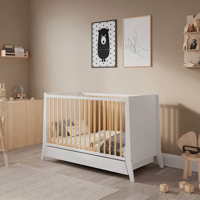 Lit Bébé évolutif + tiroir Timeo Bois/Blanc - 60x120cm-0