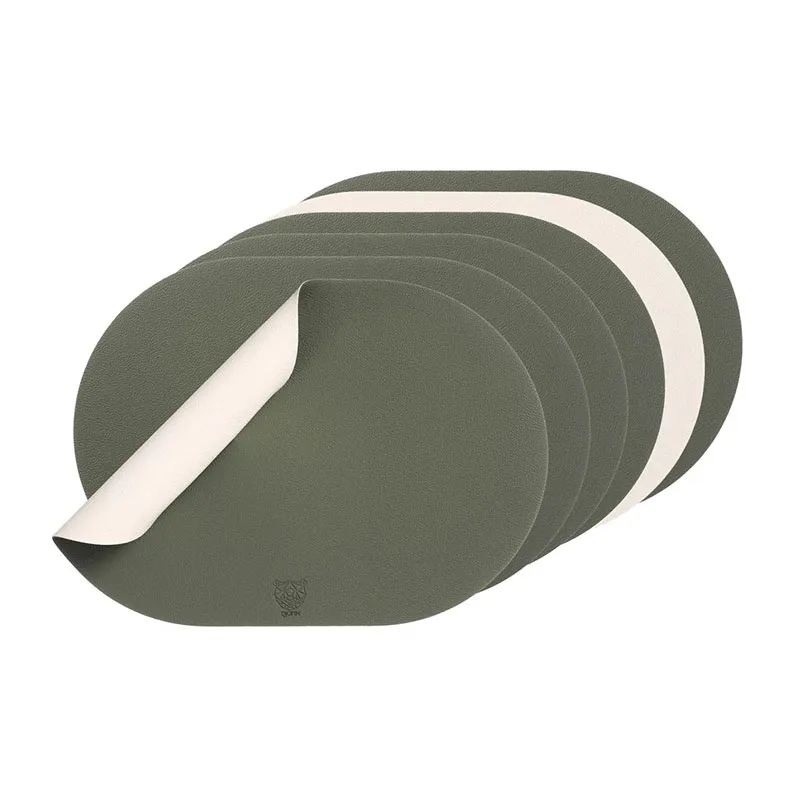 Sets de table ovale Cuir recyclé révers. Crème/Vert de gris - 6pcs-0