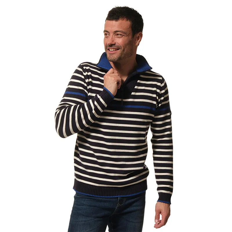 Pull Col montant demi-zip Rayé Homme - Marine/Ecru/Bugatti-2