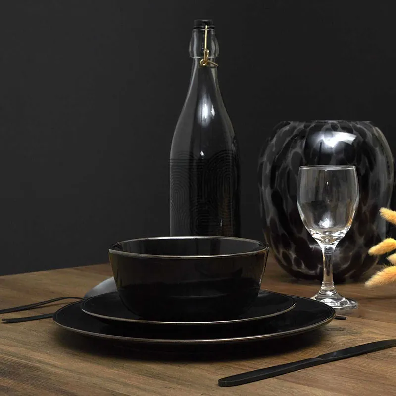 6 Assiettes Noires Liseré doré - ø20cm-2