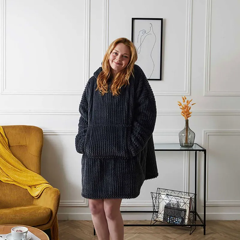 Plaid Sweat à capuche effet Chevron int. Sherpa Gris foncé - 115x85cm-1