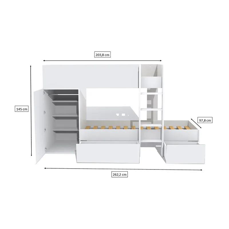 Lit superposé Twin + Armoire + 2 Sommiers Blanc - 90x190cm-2