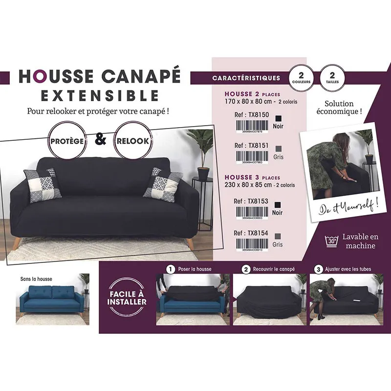 Housse extensible de canapé Gris - 230x85cm-1
