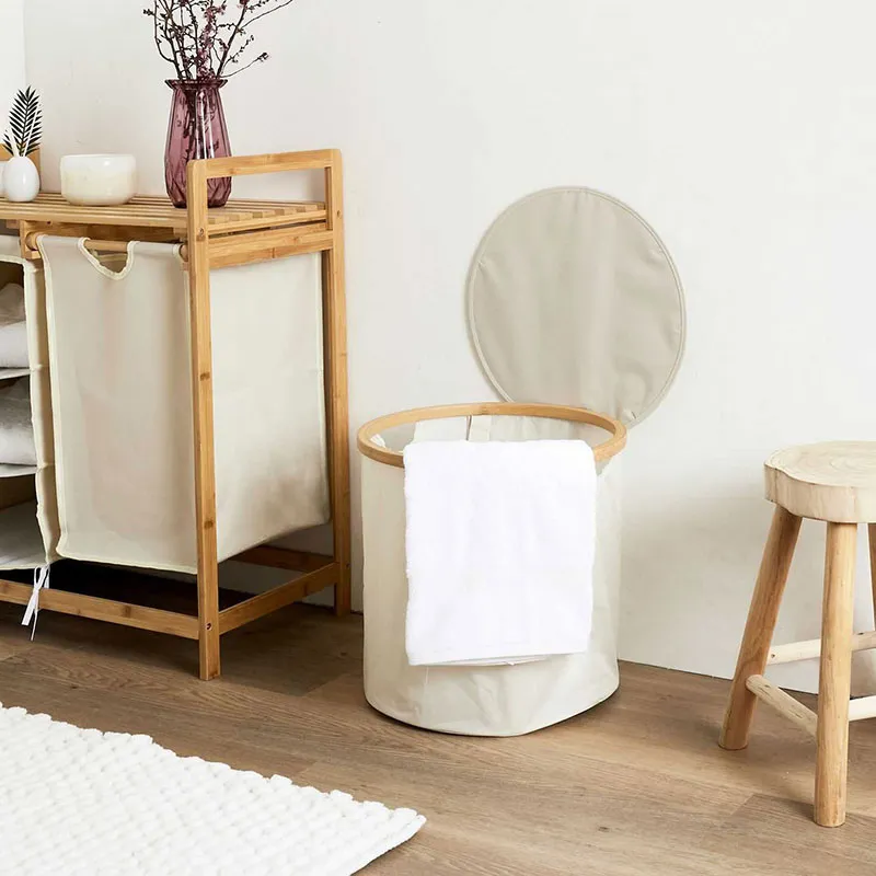 Panier de rangement Rond Bambou/Gris - 38x38x38cm-0