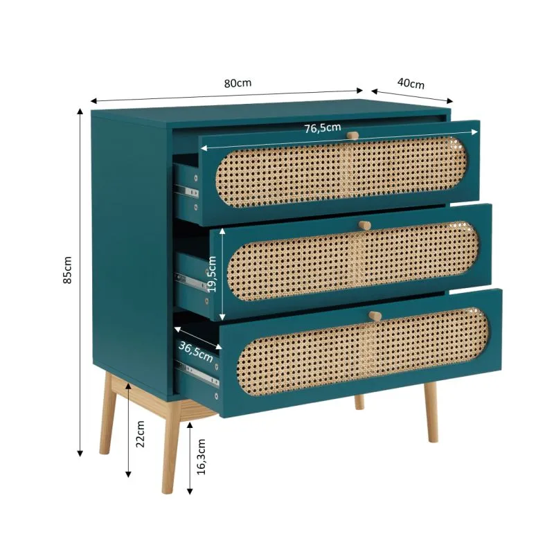 Commode Sixtine Bleu canard Rotin 3 tiroirs - 80x40x85cm-2