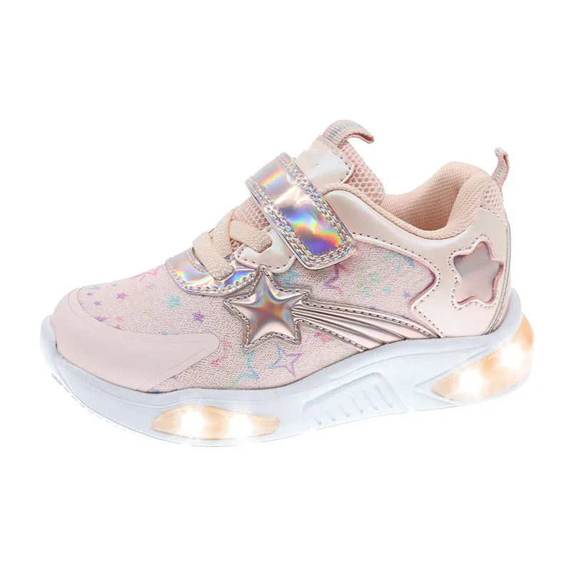 Baskets lumineuses à lacets/scratch Enfant Fille Emy - Rose-0