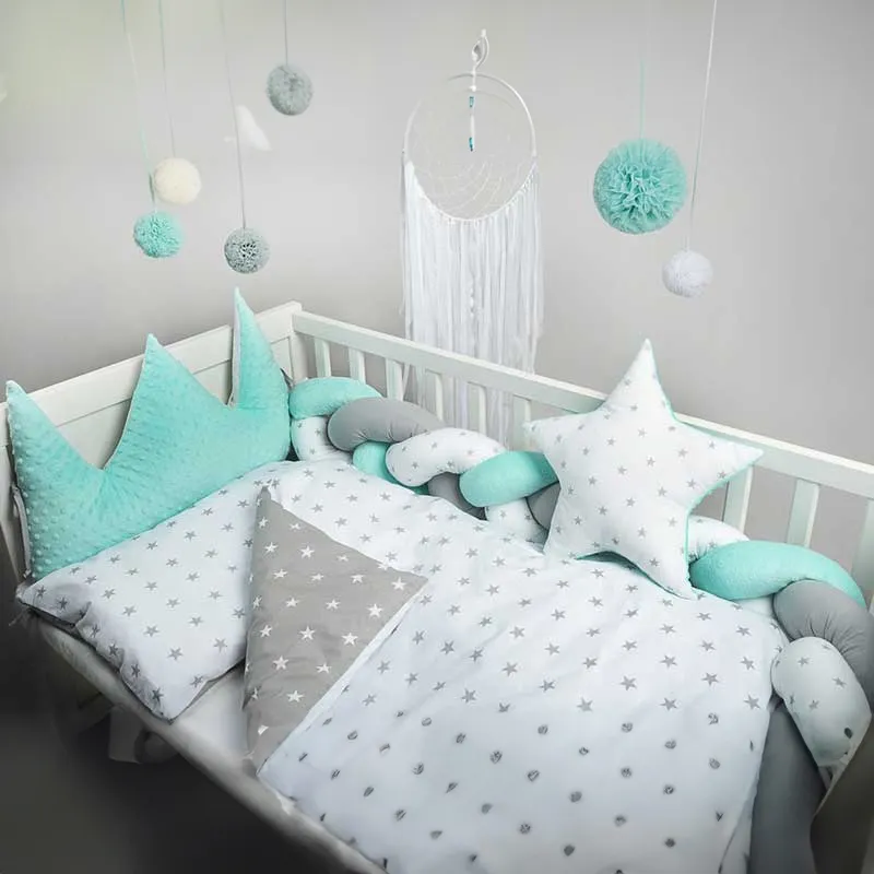 Tour de lit tressé + Coussin Menthe/Blanc/Gris - 160cm-0