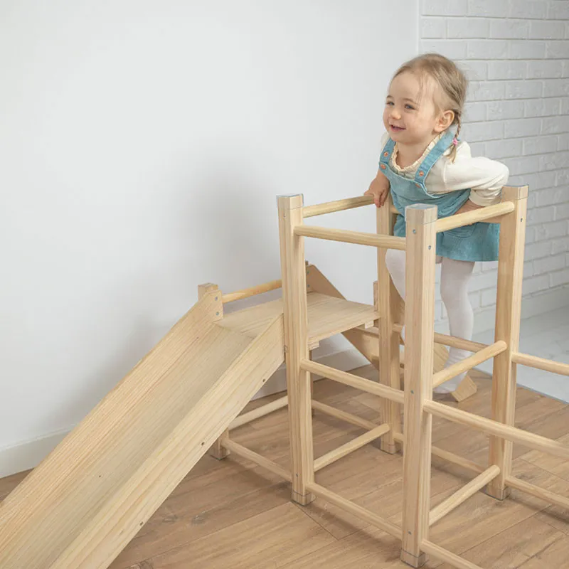 Aire de jeux Bois + Toboggan + Cadre d'escalade Naturel - 156x105cm-3