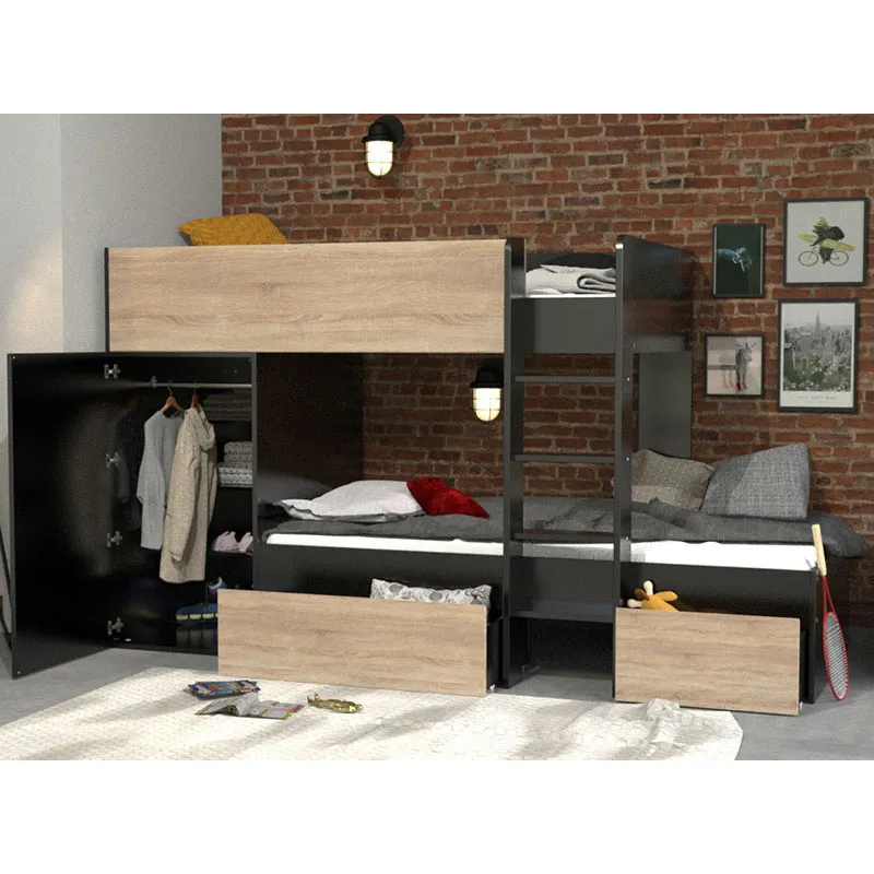 Lit superposé Twin + Armoire + 2 Sommiers Noir/Chêne-3