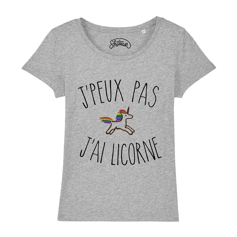 T-shirt Femme J'peux pas j'ai licorne BIO - Gris chiné-0