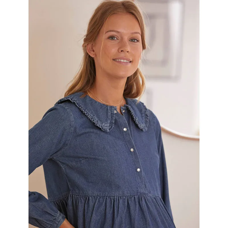 Robe de grossesse/allait Denim col claudine - Bleu-5