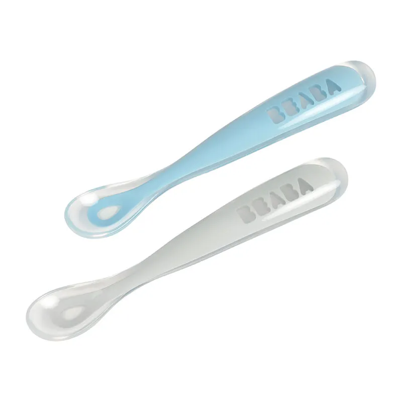 2 Cuillères d'apprentissage 1er âge Silicone Bleu - 6m+-0