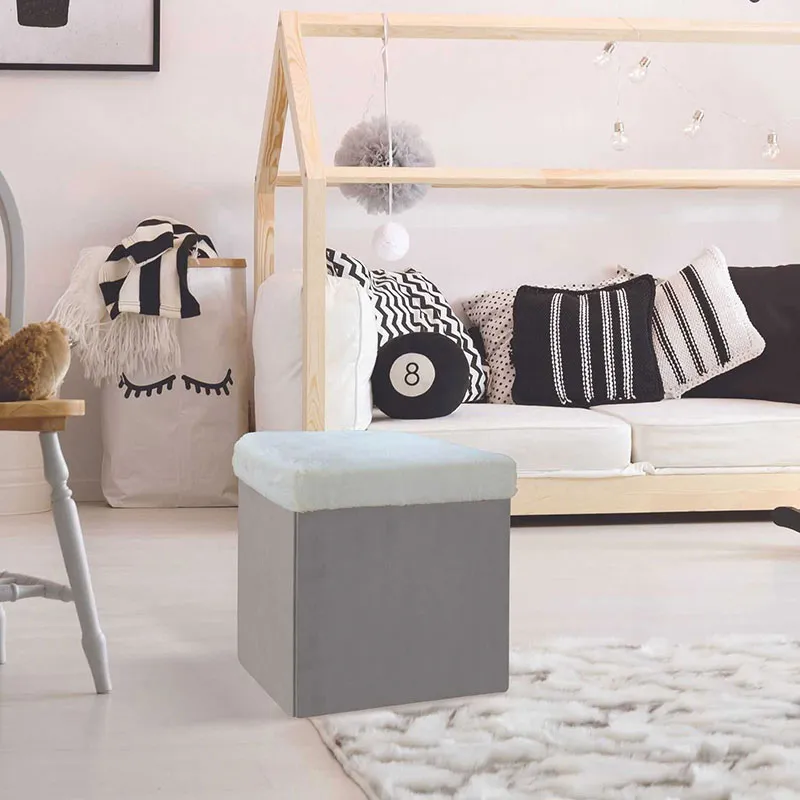 Coffre pouf pliable effet fourrure Léo Gris - 38x38x38cm-1