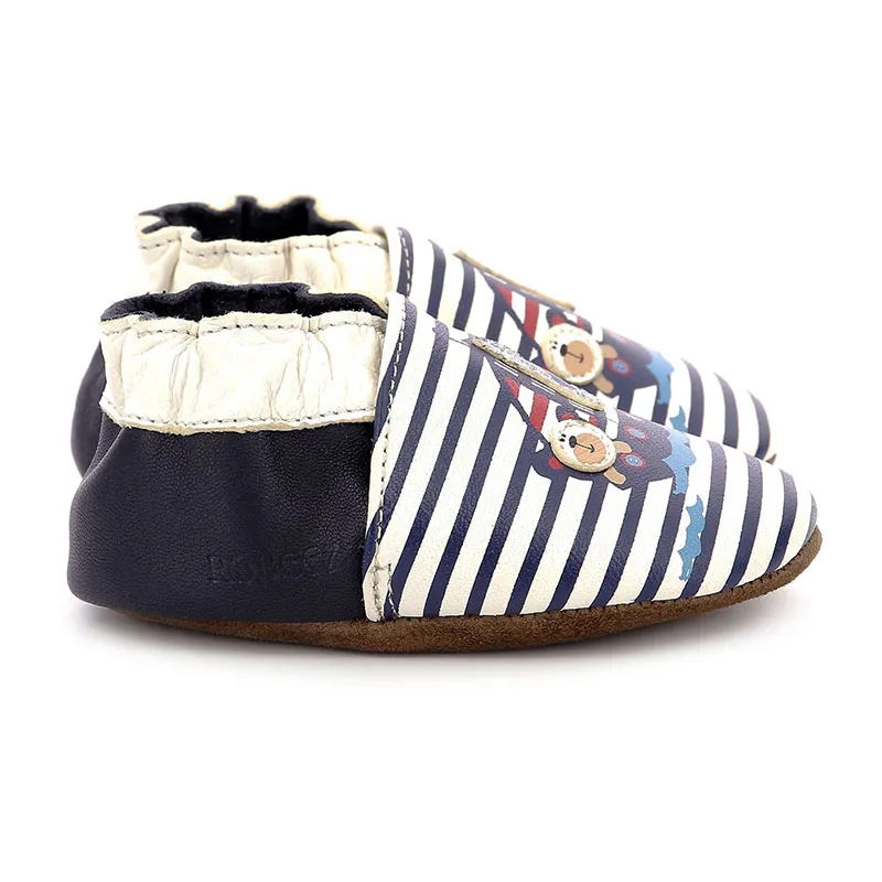 Chaussons cuir Soft Soles Bateau - Blanc/Marine-1