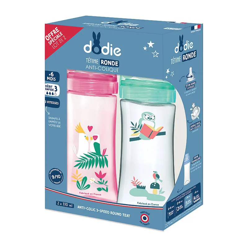 Coffret 2 Bibs anti-coliq. Tétines rondes 330ml déb.3 Jungle Rose/Hibou - 6m+-1