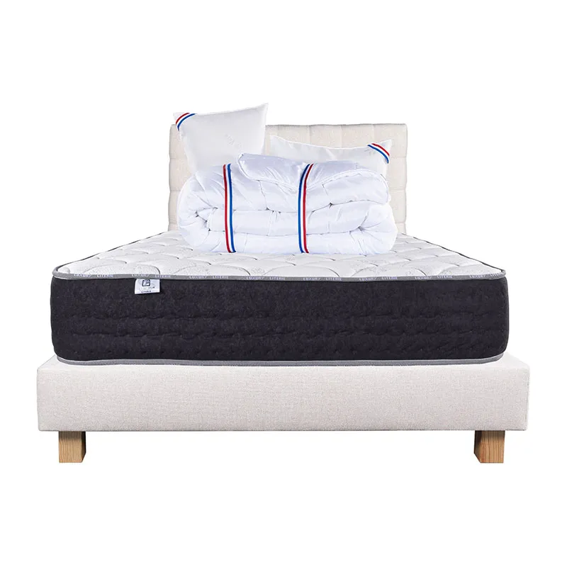 Matelas Sérénité 27cm très ferme ress. ensachés + Sommier Beige 20cm + 2 Oreillers + Couette + Tête de lit-0
