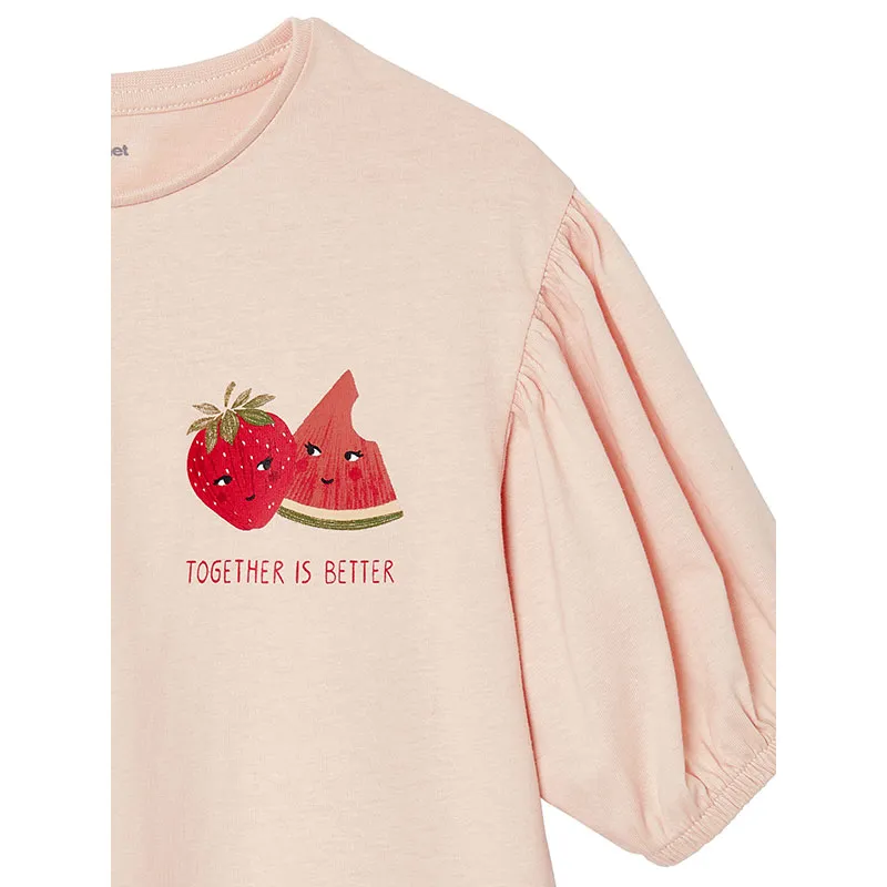 T-shirt manches boules fille motif fruit poitrine - Rose-2