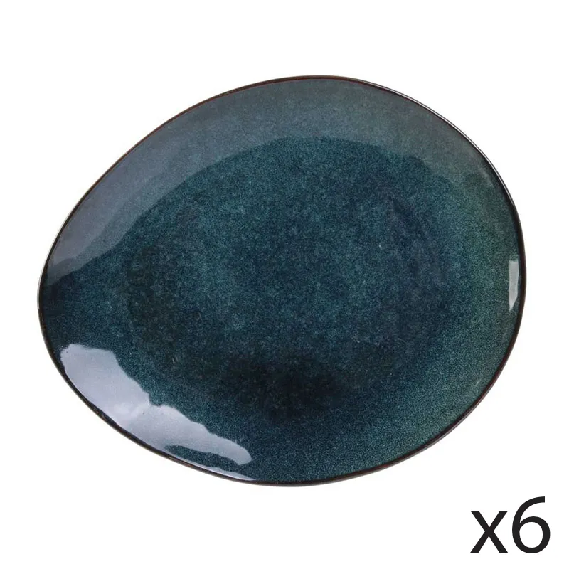 6 Assiettes Grès Bleu - 22x2x18cm-0