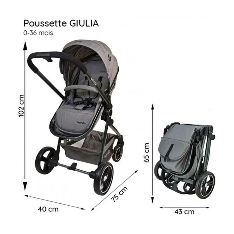 Duo Poussette transformable Giulia + Siège-auto Gr.0+ Beone +Sac à langer+Habillage pluie - Gris-7