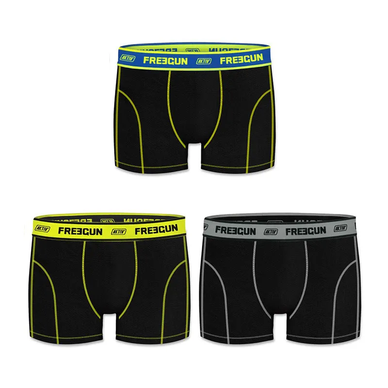 3 Boxers Garçon Basic Freegun - Noir/Jaune/Bleu/Gris-1
