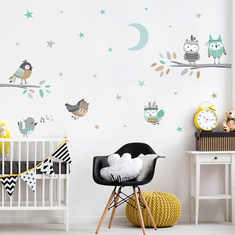 Stickers - Hibou et ses amis au clair de lune Bleu-1