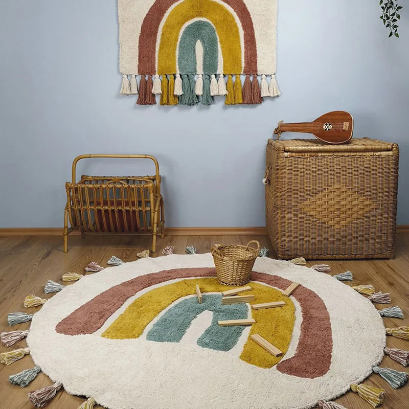 Tapis Coton Rainbow Rouge + Pompons - ø110cm-1