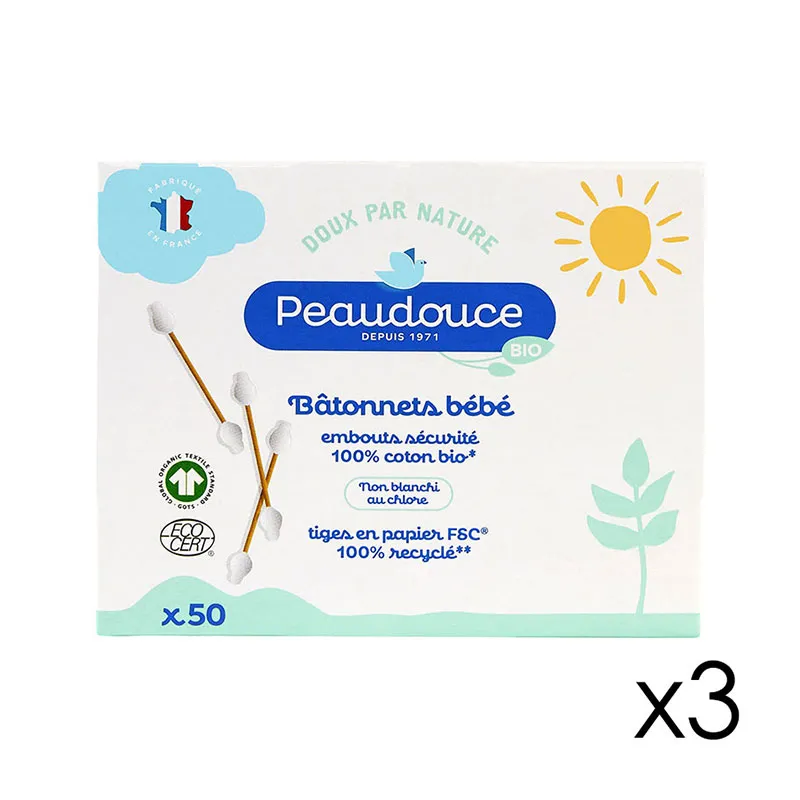 3 Boites de Bâtonnets Coton BIO Bébé embouts sécurité - 3x50-0