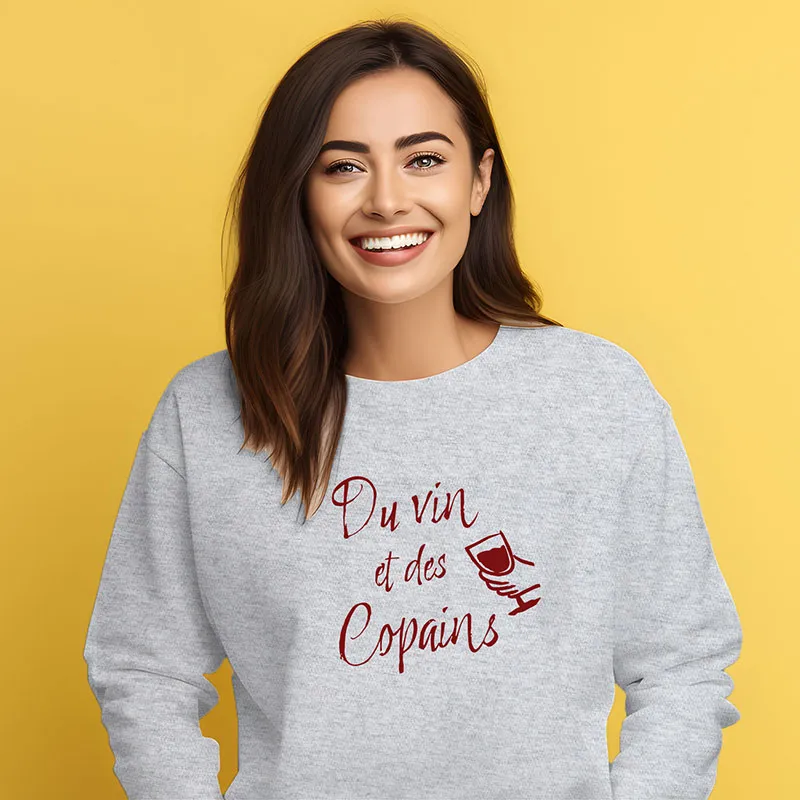 Sweat Femme Du vin et des copines - Gris chiné-0